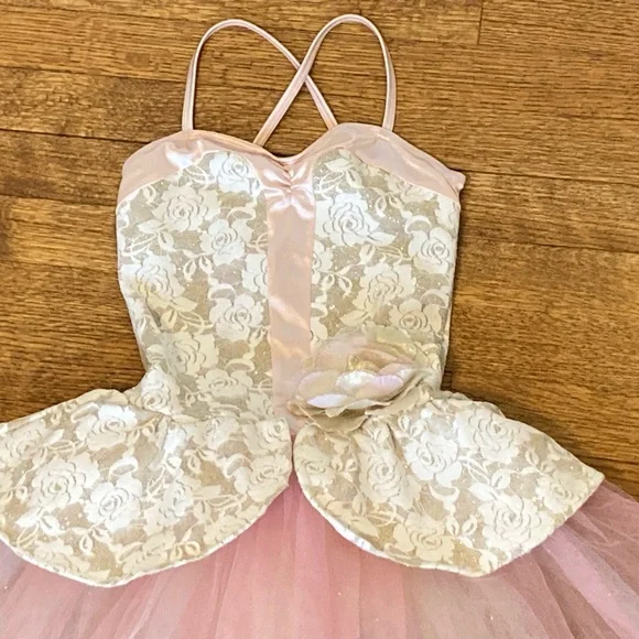 Medium Child Pink Ballerina Costume -Beige floral bodice with Gold glitter - Picture 2 of 8